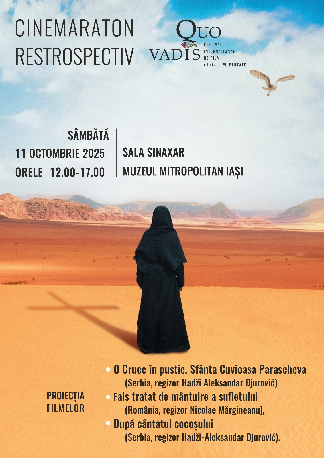 Pentru pelerinii Sfintei Cuvioase Parascheva şi nu numai, în Sala Sinaxar a Muzeului Mitropolitan, Festivalul Quo Vadis va oferi un cinemaraton retrospectiv al primei ediții, din 2024